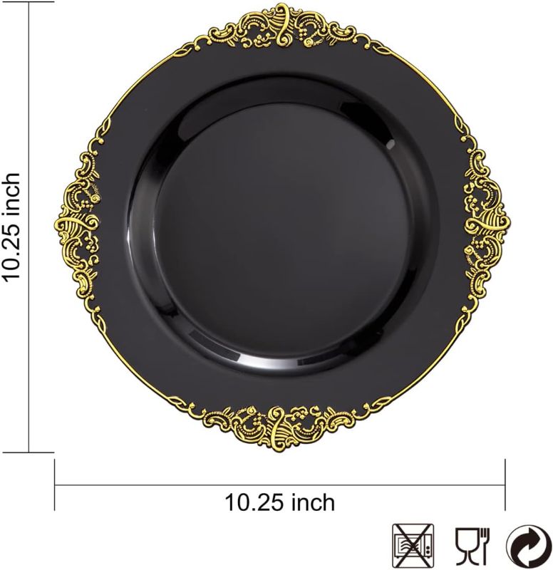 Photo 1 of Nervure 100PCS Black and Gold Plastic Plates - 10.25Inch Black Disposable Plates - Black Plastic Dinner Plates for Wedding & Parties
