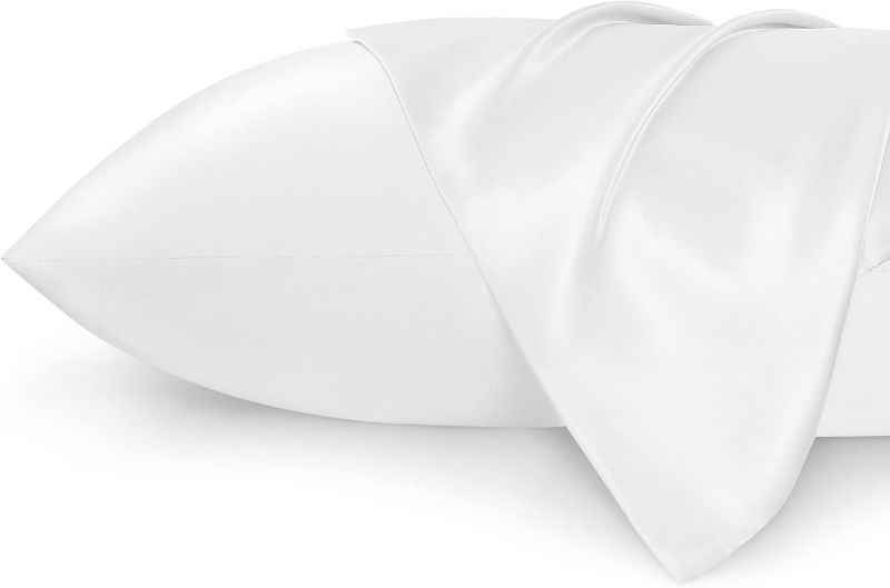 Photo 1 of Bedsure Satin Pillowcase for Hair and Skin Queen - Pure White Silky Pillowcase - Set of 2 with Envelope Closure, Similar to Silk Pillow Cases, Gifts for Women Men, 20x30 Inches
