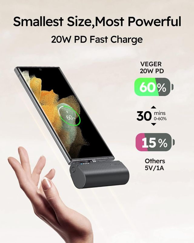 Photo 3 of VEGER Portable Charger, USB C Power Bank, 5000mAh Mini Battery Pack Fast Charging 20W Small Charging Bank for Samsung Galaxy S21, S20, S10, S9, Note 20, Pixel, Moto, LG, Oculus Quest, Android Phones
