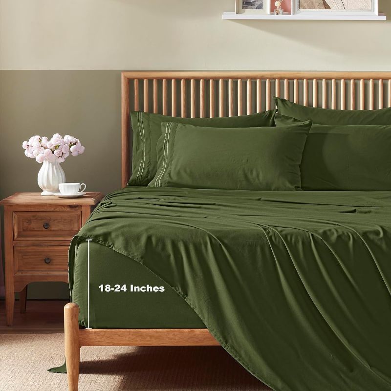 Photo 2 of Homiest Extra Deep Pocket Full Size Sheets Set, 6 Pieces Soft Olive Green Sheets 18-24 Inch Deep Pocket Bed Sheets, Hotel Luxury 1800 Thread Count Microfiber Bed Set Fits Ultra Deep Mattress
