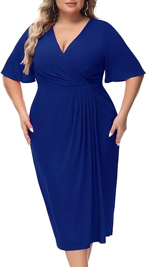 Photo 1 of Hanna Nikole Women's Plus Size Wrap V-Neck Bell Short Sleeve Midi Dress for Wedding Guest Cocktail Party Business Events
