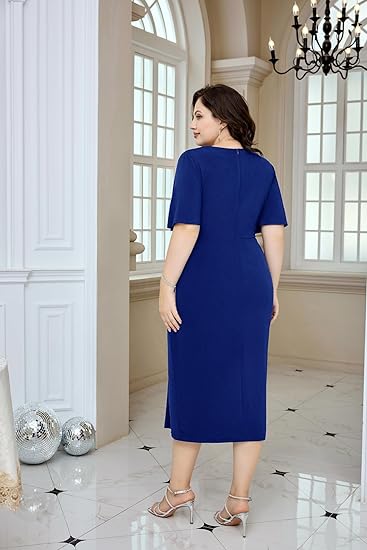 Photo 2 of Hanna Nikole Women's Plus Size Wrap V-Neck Bell Short Sleeve Midi Dress for Wedding Guest Cocktail Party Business Events
