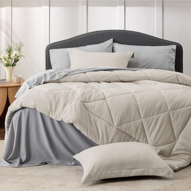 Photo 1 of Bedsure Beige Comforter Set - 7 Pieces Reversible Bed in a Bag with Comforters, Sheets, Pillowcases & Shams, Bedding Sets
