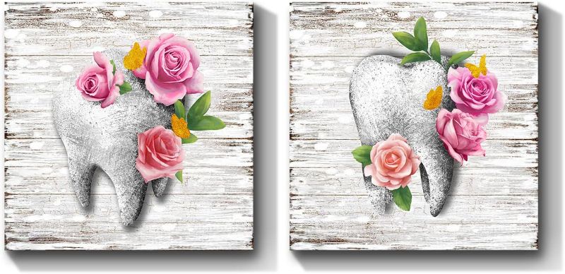Photo 1 of HOMEOART Dental Wall Art Tooth Decor Flower and Butterfly Painting Dentist Office Decor Set of 2 Gallery Wrapped Ready to Hang 12"x12"x2 Panels
