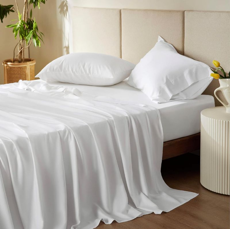 Photo 1 of Bedsure Queen Sheets, Rayon Derived from Bamboo, Queen Cooling Sheet Set, Deep Pocket Up to 16", Breathable & Soft Bed Sheets, Hotel Luxury Silky Bedding Sheets & Pillowcases, White

