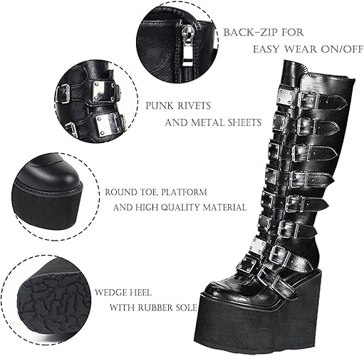 Photo 3 of CELNEPHO Womens Chunky Platform Knee High Boots High Heel Round-Toe Zip Punk Goth Mid Calf Combat Boots For Women…
