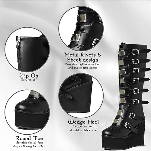 Photo 1 of AOSPHIRAYLIAN Womens Goth Knee High Boots Wedge High Heel Motorcycle Punk Combat Platform Boots

