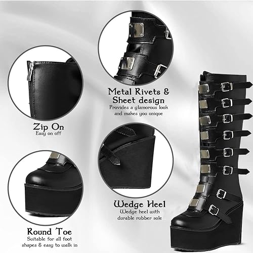 Photo 3 of AOSPHIRAYLIAN Womens Goth Knee High Boots Wedge High Heel Motorcycle Punk Combat Platform Boots
