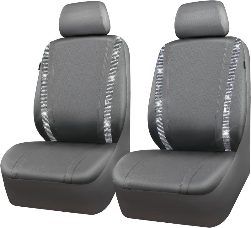 Photo 1 of CAR PASS Gray Leather Diamond Bling Car Seat Covers 2 Front Interior Sets, Waterproof Universal Shining Glitter Crystal Sparkle Fit for 95% Automotive Truck SUV Cute Women Girl, Gray Rhinestone
