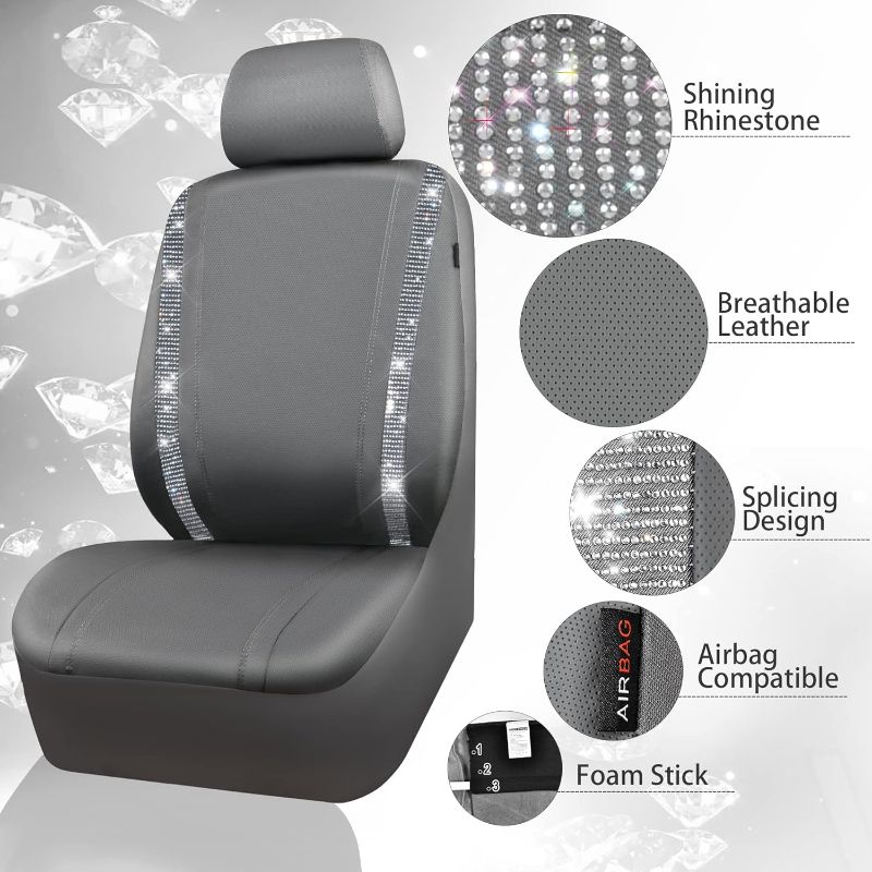 Photo 2 of CAR PASS Gray Leather Diamond Bling Car Seat Covers 2 Front Interior Sets, Waterproof Universal Shining Glitter Crystal Sparkle Fit for 95% Automotive Truck SUV Cute Women Girl, Gray Rhinestone
