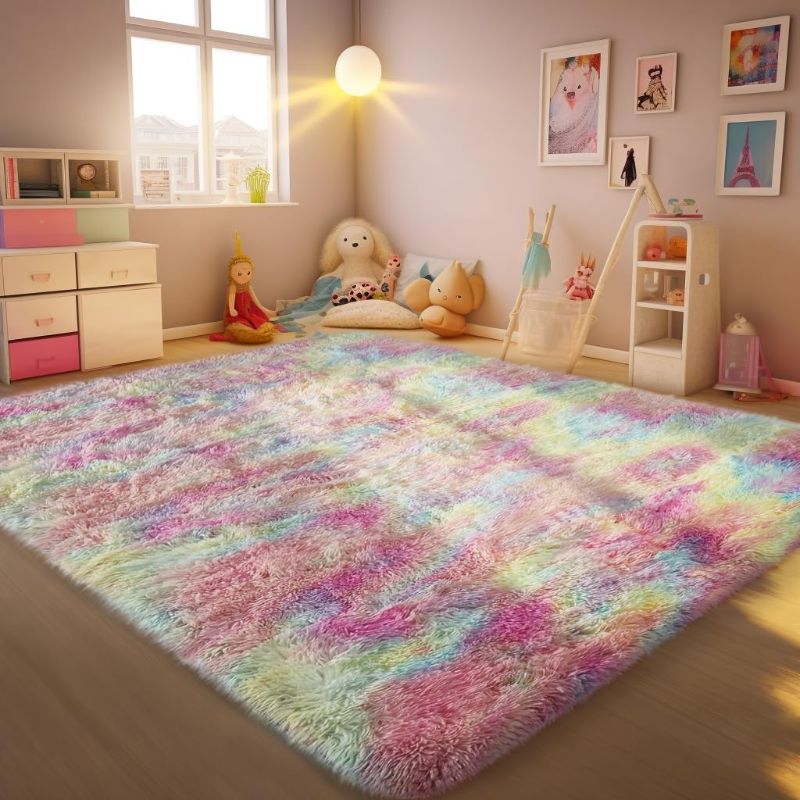 Photo 1 of Ophanie Rainbow Colorful Area Rugs for Bedroom Girls, Unicorn 4x6 Carpet Fluffy Fuzzy Furry Shag, Plush Soft Cute Kids Baby Shaggy Bedside Floor Rug for Teen Dorm Home Decor Aesthetic, Nursery
