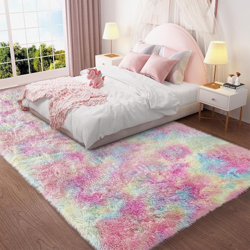 Photo 2 of Ophanie Rainbow Colorful Area Rugs for Bedroom Girls, Unicorn 4x6 Carpet Fluffy Fuzzy Furry Shag, Plush Soft Cute Kids Baby Shaggy Bedside Floor Rug for Teen Dorm Home Decor Aesthetic, Nursery
