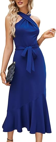 Photo 1 of JASAMBAC Women's Fall Dresses 2023 Midi Criss Cross Halter Neck Sleeveless Ruffle Hem Cocktail Party Bodycon Dress with Belt
