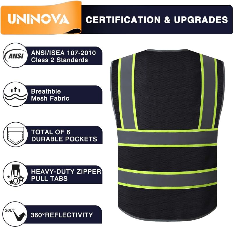 Photo 2 of UNINOVA High Visibility Safety Vest - Multi Pockets Reflective Mesh Breathable Workwear, ANSI/ISEA Standards (Medium, Black Mesh-02)

