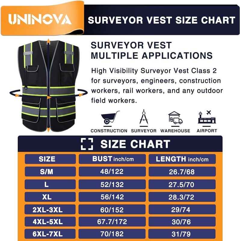 Photo 3 of UNINOVA High Visibility Safety Vest - Multi Pockets Reflective Mesh Breathable Workwear, ANSI/ISEA Standards (Medium, Black Mesh-02)
