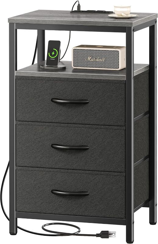 Photo 1 of Huuger Nightstand with Charging Station, 27.6 Inch Side Table with Fabric Drawers, End Table Bedside Table with USB Ports and Outlets, Night Stand for Bedroom, Charcoal Gray
