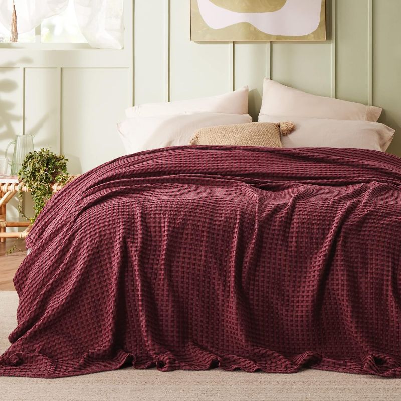 Photo 2 of Bedsure Cotton Waffle King Size Blanket - Lightweight Breathable Blanket of Rayon Derived from Bamboo for Hot Sleepers, Luxury Throws for Bed, Couch and Sofa, Burgundy, 104x90 Inches
