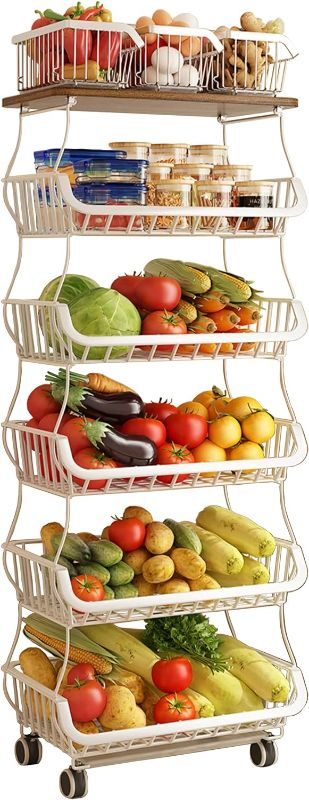Photo 1 of MURRI&MURRDI Fruit Vegetable Storage Basket with Wooden Lid, 6 Tier Stackable Storage Baskets with Wheels Produce Basket Organizer for Kitchen Rolling Rack Storage Cart for Pantry (White 6 Layer)
