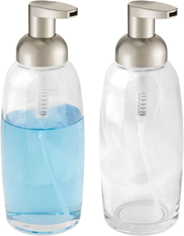 Photo 1 of mDesign Refillable Glass Foaming Hand Soap Dispenser - Foam Soap Pump Bottle Container for Bathroom Counter Top - Decorative Foam Soap Dispenser - Malloy Collection - 2 Pack - Clear/Matte Satin
