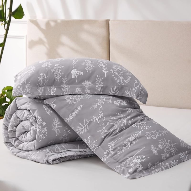 Photo 2 of Bedsure Queen Comforter Set - Grey Comforter, Cute Floral Bedding Comforter Sets, 3 Pieces, 1 Soft Reversible Botanical Flowers Comforter and 2 Pillow Shams
