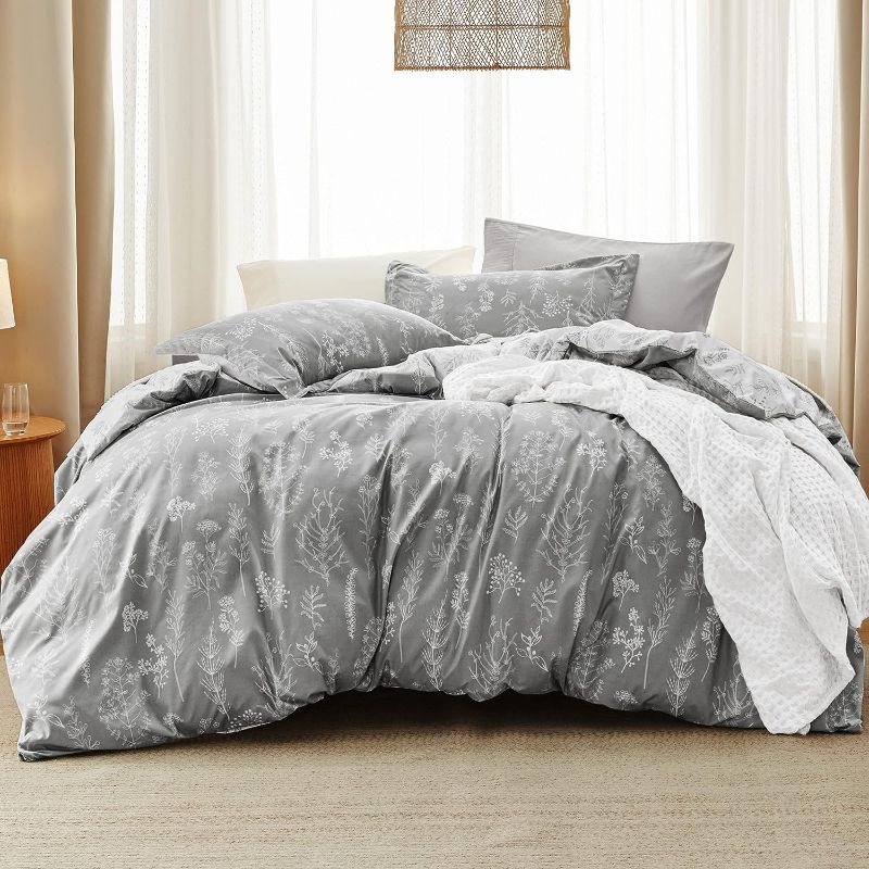 Photo 1 of Bedsure Queen Comforter Set - Grey Comforter, Cute Floral Bedding Comforter Sets, 3 Pieces, 1 Soft Reversible Botanical Flowers Comforter and 2 Pillow Shams

