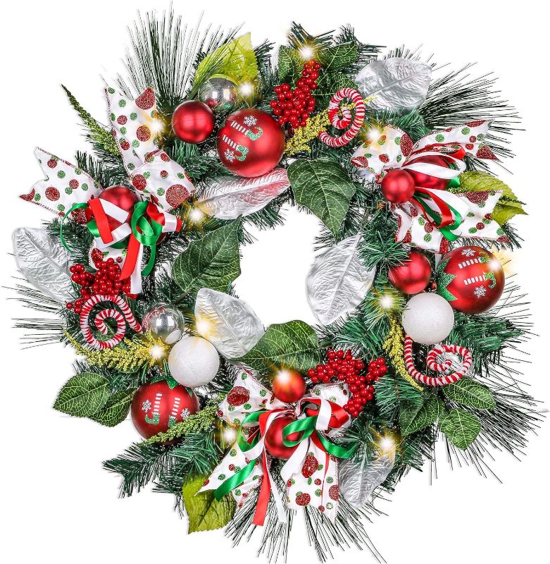 Photo 1 of Valery Madelyn Pre-Lit Christmas Wreath for Front Door with Lights, 24 Inch Elf Large Lighted Christmas Wreath with Red Green White Xmas Balls for Fireplace Window Outdoor Table Centerpiece Decoration
