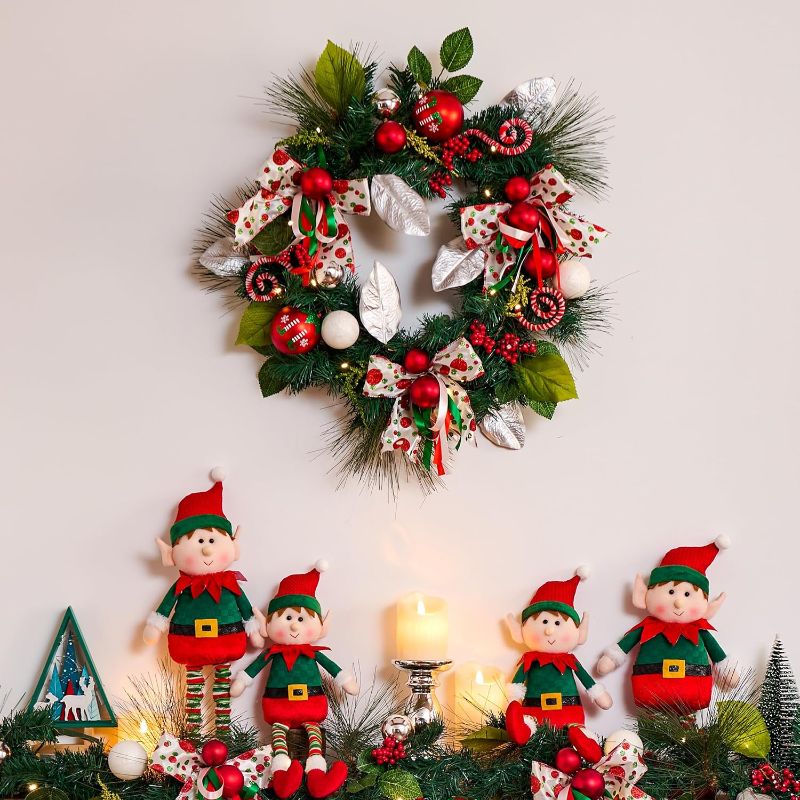 Photo 2 of Valery Madelyn Pre-Lit Christmas Wreath for Front Door with Lights, 24 Inch Elf Large Lighted Christmas Wreath with Red Green White Xmas Balls for Fireplace Window Outdoor Table Centerpiece Decoration
