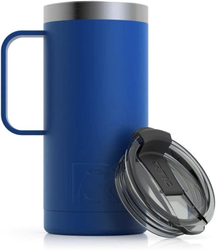 Photo 1 of RTIC 16oz Coffee Travel Mug with Lid and Handle, Stainless Steel Vacuum-Insulated Mugs, Leak, Spill Proof, Hot Beverage and Cold, Portable Thermal Tumbler Cup for Car, Camping, Gulf Blue, Matte
