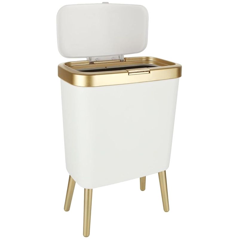 Photo 1 of YAYODS Small Trash Can with Lid 4 Gallon Plastic Bathroom Trash Bin Waste Basket with Gold Edge White Bedroom Garbage Can with Legs for Bathroom, Bedroom, Living Room, Office

