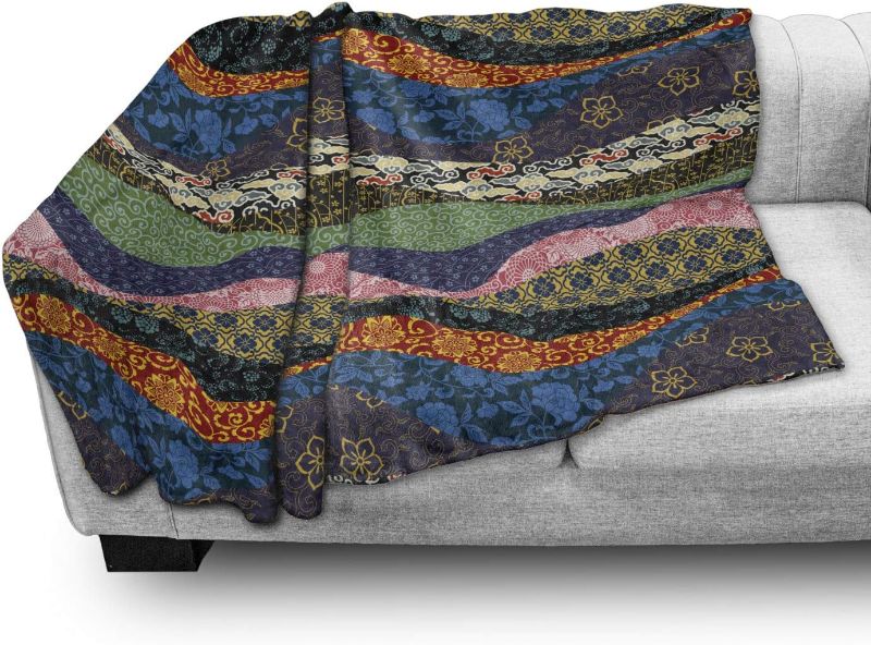 Photo 1 of Ambesonne East Soft Flannel Fleece Throw Blanket, Far Eastern Patchwork with Flowers Floral Pattern in Oriental Style Print, Cozy Plush for Indoor and Outdoor Use, 50" x 60", Blue Grey
