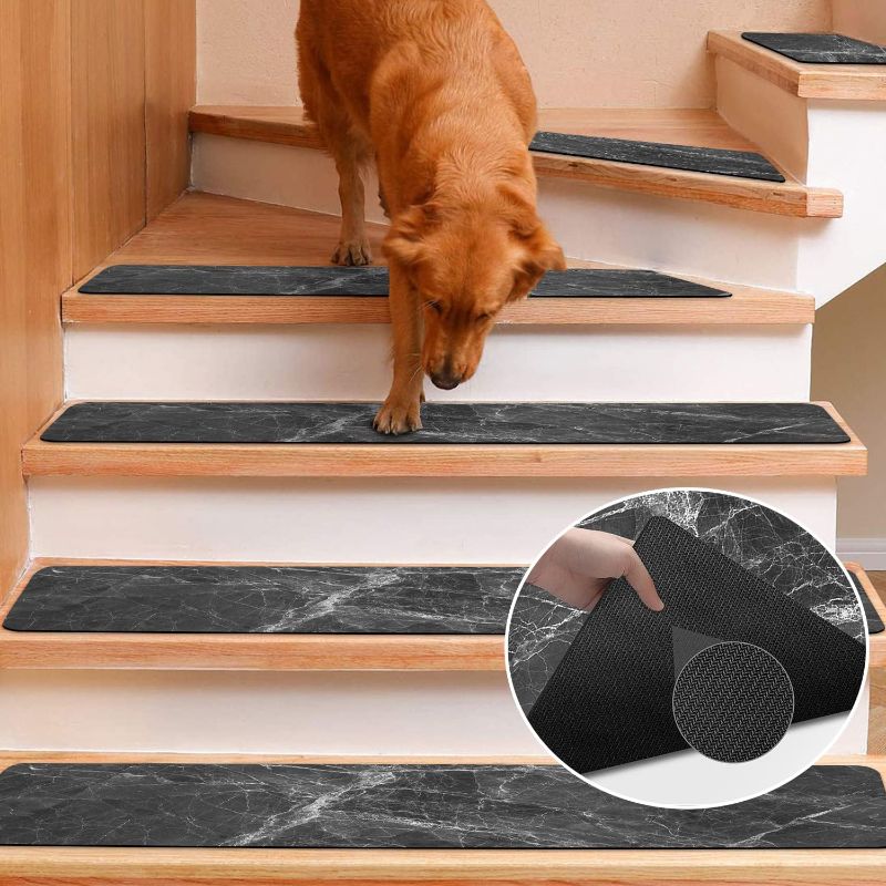 Photo 2 of Rubber Stair Runners for Wooden Steps, 15Pack Stairs Rugs Non Slip Staircase Step Treads, Black Marble Stairway Grips Strips Carpet Treads for Wood Stairs
