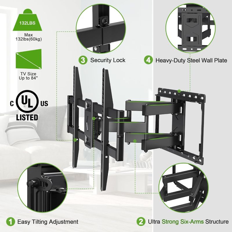 Photo 3 of USX MOUNT Full Motion TV Wall Mount for Most 47-84 inch Flat Screen/LED/4K TV, TV Mount Bracket Dual Swivel Articulating Tilt 6 Arms, Max VESA 600x400mm, Holds up to 132lbs, Fits 8” 12” 16" Wood Studs
