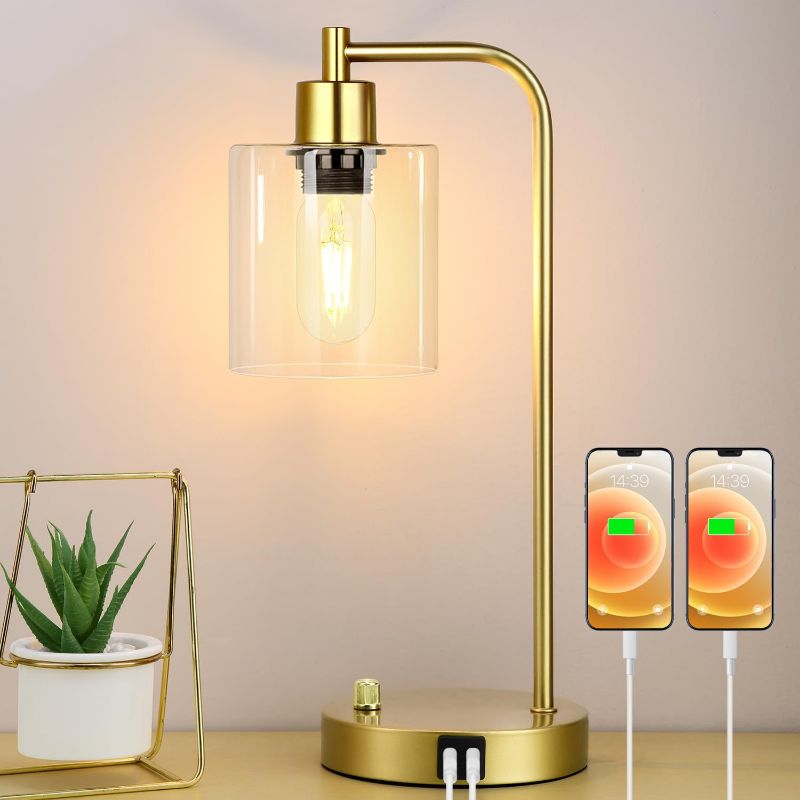Photo 1 of Gold Industrial Table Lamp with 2 USB Charging Ports, Fully Stepless Dimmable Modern Nightstand Lamp, Glass Shade Bedside Desk Lamp for Bedroom Living Room Office, 6W 2700K LED Edison Bulb Included
