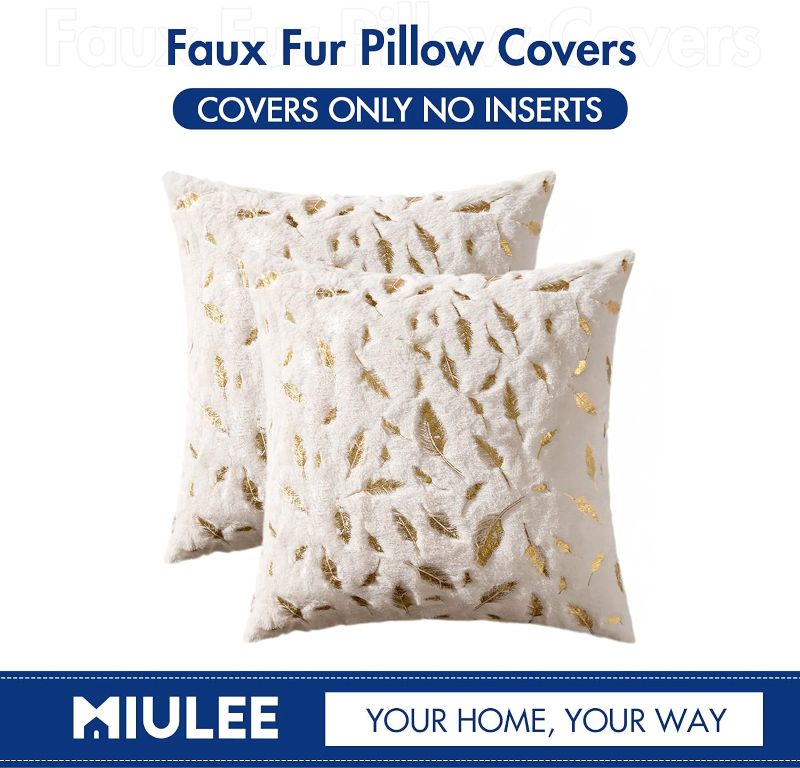 Photo 3 of MIULEE Pack of 2 Decorative Throw Pillow Covers Plush Faux Fur with Gold Feathers Gilding Leaves Cushion Covers Cases Soft Fuzzy Cute Pillowcase for Couch Sofa Bed, 18 x 18 Inch, Ivory

