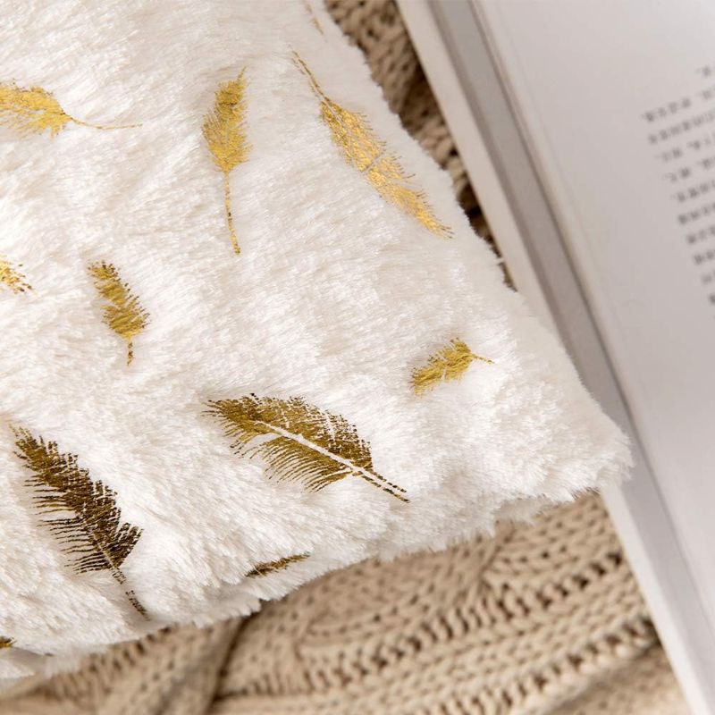 Photo 2 of MIULEE Pack of 2 Decorative Throw Pillow Covers Plush Faux Fur with Gold Feathers Gilding Leaves Cushion Covers Cases Soft Fuzzy Cute Pillowcase for Couch Sofa Bed, 18 x 18 Inch, Ivory
