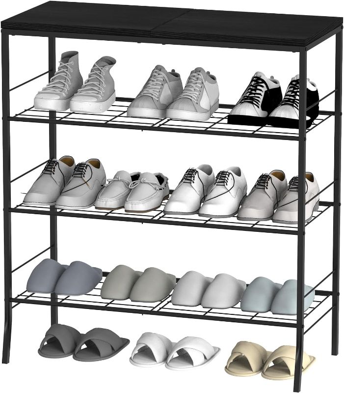 Photo 1 of YBING 4-Tier Shoe Organizer, Black Metal Shelves with Wooden Top, Large Capacity, Multifunctional Use Material, Easy to Clean, Stable Installation, 33.07"L x 11.81"W x 36.22"H
