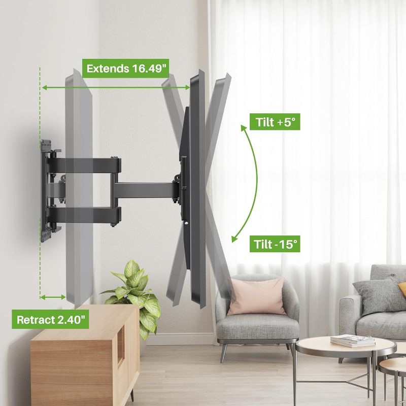 Photo 3 of USX MOUNT Full Motion TV Wall Mount for Most 47-84 inch Flat Screen/LED/4K TV, TV Mount Bracket Dual Swivel Articulating Tilt 6 Arms, Max VESA 600x400mm, Holds up to 132lbs, Fits 8” 12” 16" Wood Studs
