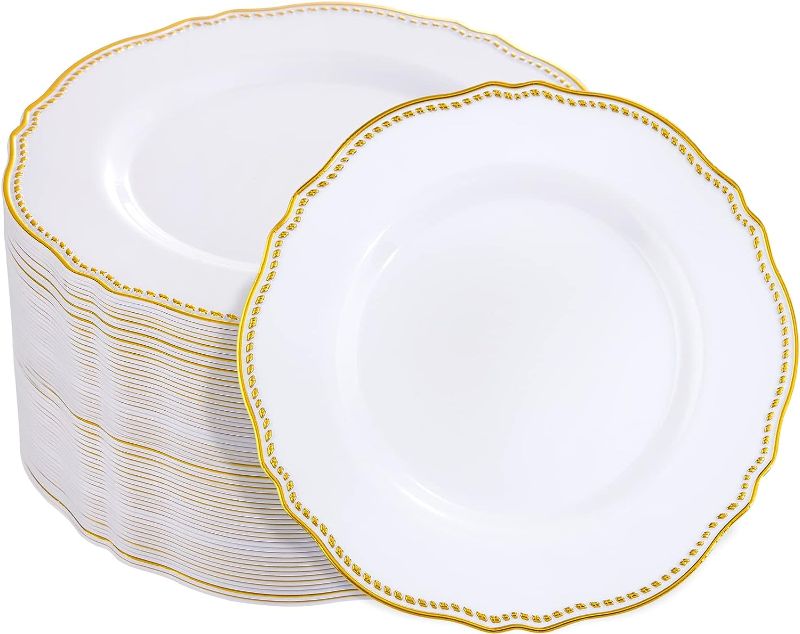 Photo 1 of Hioasis 60pcs Gold Plastic Plates - White and Gold Trim Disposable Plates - 10.25 inch Gold Disposable Dinner Plates Perfect for Wedding & Party & Easter

