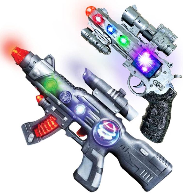 Photo 1 of LED Light Up Toy Gun Set by Art Creativity - Includes 12.5 Inch Assault Rifle, 9 Inch Hand Pistol and Batteries - Super Ray Gun Blasters with Colorful Flashing LEDs and Sound - Cool Play Toy for Kids
