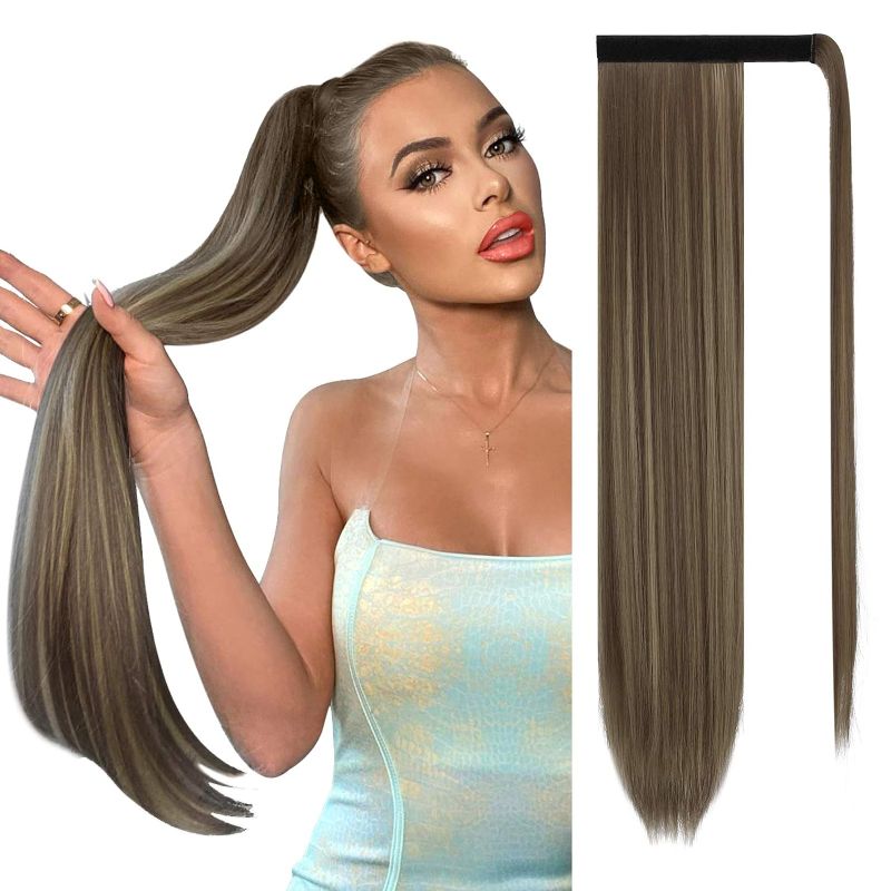 Photo 1 of Sofeiyan Long Straight Ponytail Extension 26 inch Wrap Around Ponytail Synthetic Hair Extensions Clip in Ponytail Hairpiece for Women, Golden Brown & Light Blonde
