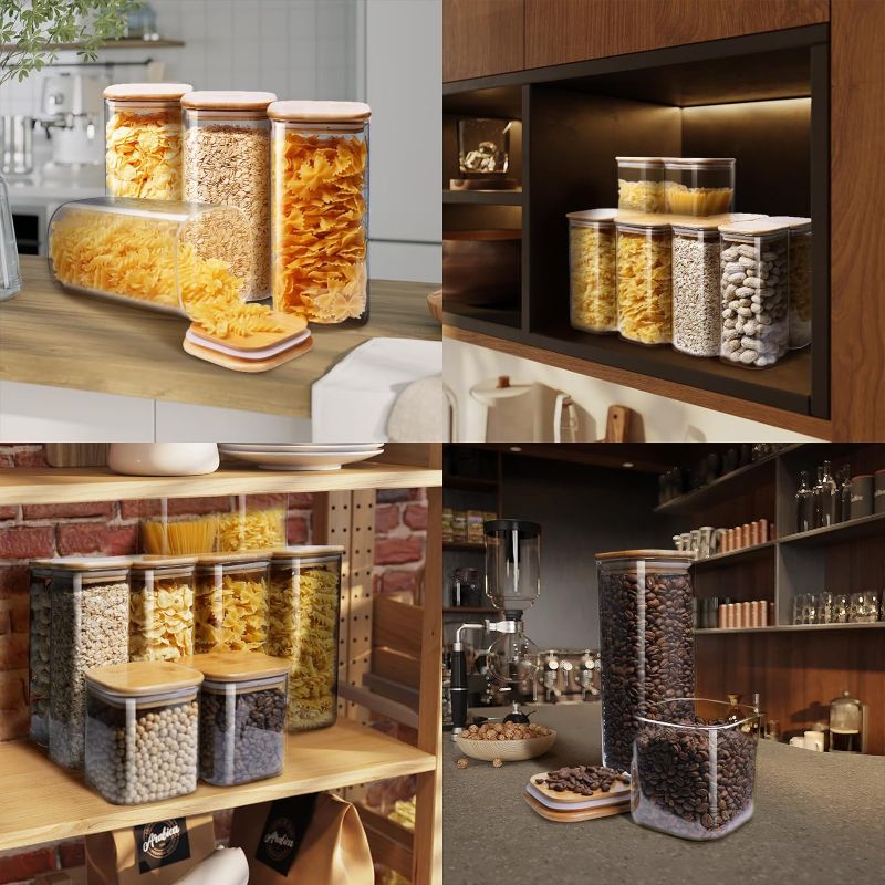 Photo 2 of HomArtist Square Glass Jars with Bamboo Lids 53 FL OZ [Set of 3], Glass Canisters with Airtight Lid, Glass Food Storage Containers for Pasta, Cereal, Coffee, Flour, Sugar, Best for Kitchen & Pantry
