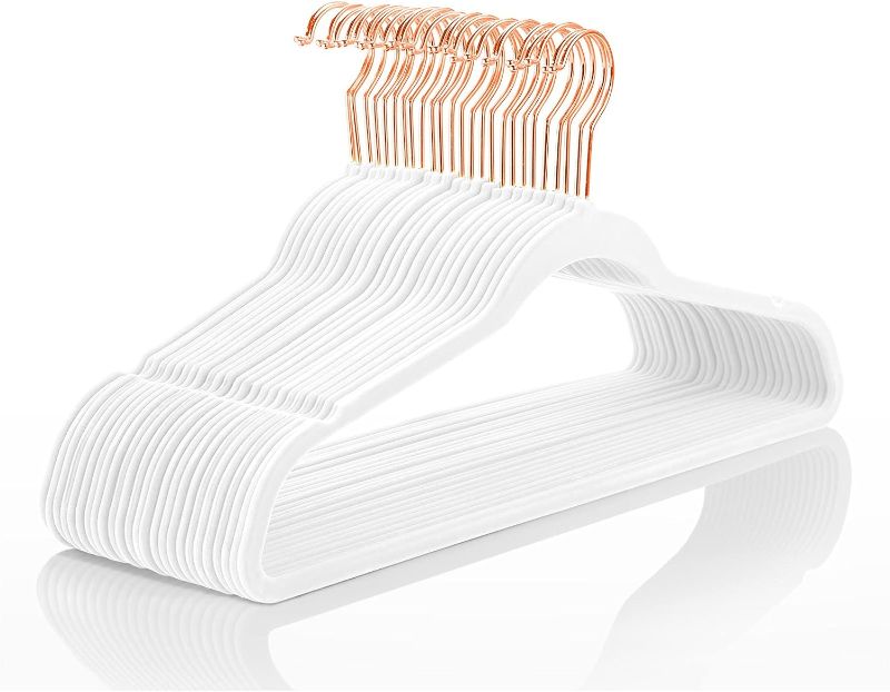 Photo 1 of MIZGI Premium Velvet Hangers Pack 50 Pcs Heavyduty - Non Slip Slimline - Velvet Suit Hangers White -Rose Gold Hooks,Space Saving Clothes Hangers
