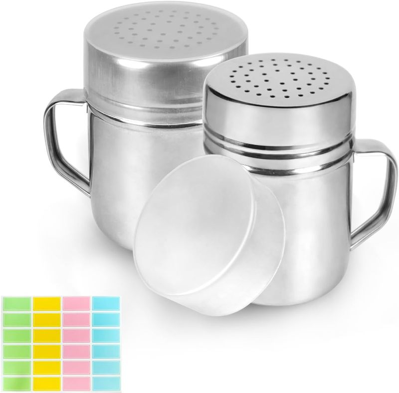 Photo 1 of SUCLAIN 2 Pieces 13.5 OZ Stainless Steel Salt and Pepper Dredge Shakers with Lid and Handle, Seasoning Pepper Shaker Spice Condiment Shakers for Powder Candy Cooking Kitchen Baking
