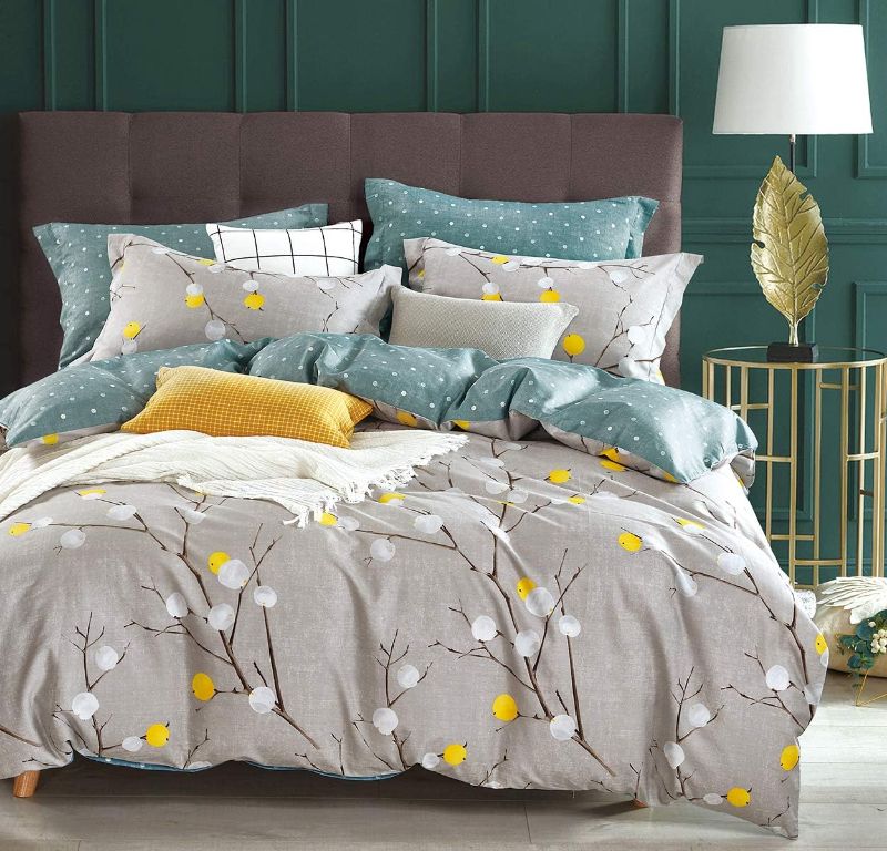 Photo 1 of SLEEPBELLA Duvet Cover Queen, 600 Thread Count Cotton Grey Branch with Yellow Turquoise Polka Dot Pattern Green Reversible Comforter Cover(Queen, Grey Branch)
