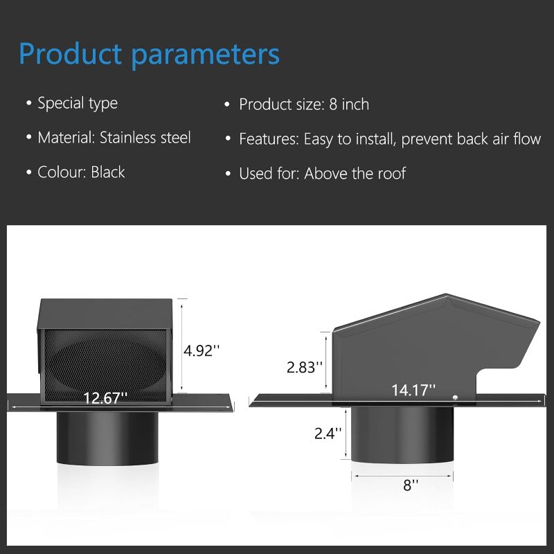 Photo 2 of Roof Vents 8 Inch, Hon&Guan Roof Vent Cap Galvanized Steel Bathroom 8 Roof Exhaust Vent for Ventilation System-with Damper, Black.
