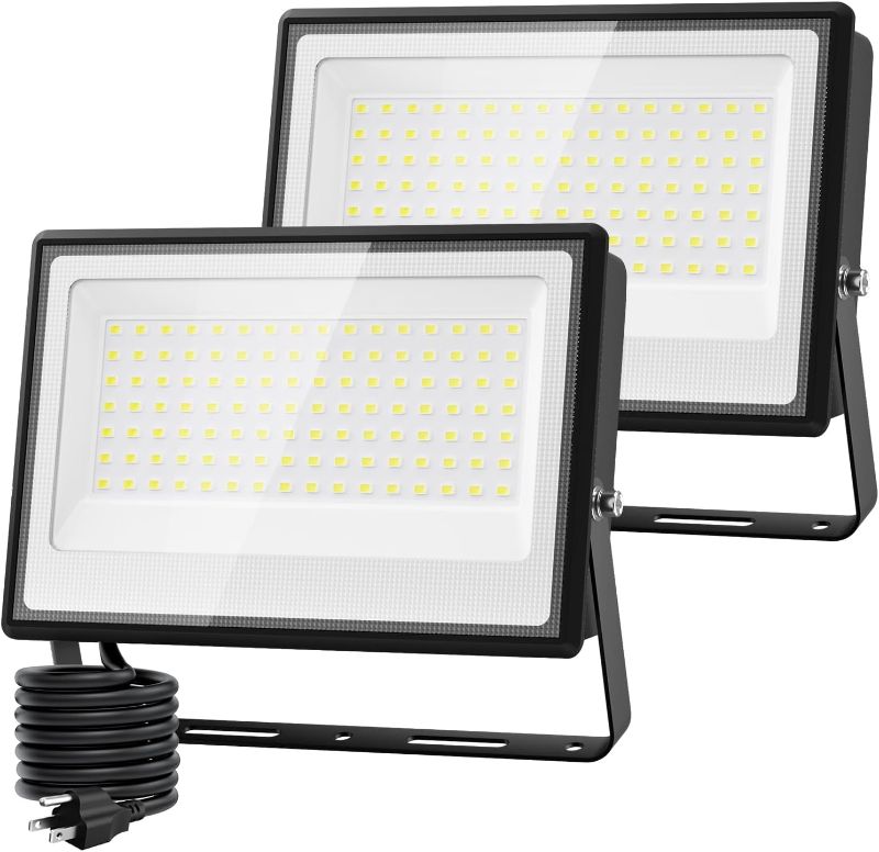 Photo 1 of Olafus 2 Pack 100W LED Flood Light Outdoor, 9000lm LED Work Light with Plug, IP66 Waterproof Exterior Security Lights, 6500K Daylight White Outside Floodlights for Playground Yard Stadium Lawn

