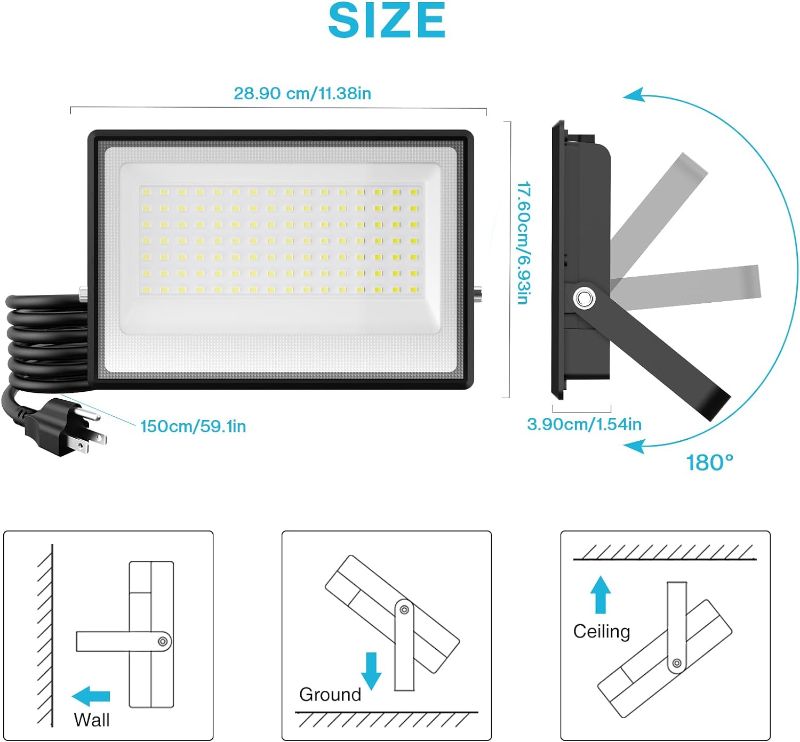 Photo 1 of Olafus 2 Pack 100W LED Flood Light Outdoor, 9000lm LED Work Light with Plug, IP66 Waterproof Exterior Security Lights, 6500K Daylight White Outside Floodlights for Playground Yard Stadium Lawn
