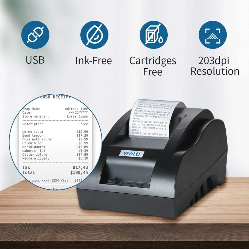 Photo 2 of vretti Thermal Receipt Printer, 58mm Small USB Thermal Printer with High-Speed Printing Support to ESC/POS/Window and Mac System, Portable Restaurant Kitchen Printer for Cash Register
