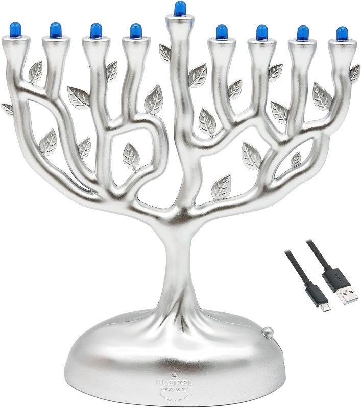 Photo 1 of Mini Electric Menorah, Tree of Life Design Hanukkah Menorah, LED Travel Menora, Batteries or USB Powered, Micro USB 4' Cable Included (Silver Matte)
