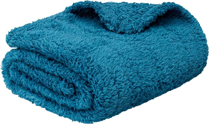 Photo 2 of PAVILIA Turquoise Blue Plush Throw Blanket for Couch, Sherpa Soft Cozy Blanket and Throw for Sofa Bed, Decorative Fur Fuzzy Warm Fleece Blanket, Lightweight Boho Home Decor All Season, 50x60
